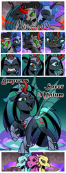 Size: 1500x3900 | Tagged: safe, artist:nancy-05, adagio dazzle, aria blaze, sonata dusk, oc, oc:empress sacer malum, alicorn, hybrid, pony, siren, umbrum, comic:fusing the fusions, comic:time of the fusions, g4, alicorn amulet, argument, blushing, chest, clothes, comic, commissioner:bigonionbean, confusion, cutie mark, dialogue, dungeon, ethereal mane, evil planning in progress, fangs, female, forced, fusion, fusion:king sombra, fusion:nightmare moon, fusion:queen chrysalis, heat, jewelry, magic, mare, necklace, panting, parent:king sombra, parent:nightmare moon, parent:princess luna, parent:queen chrysalis, prison, regalia, shocked, sombra eyes, spell, tartarus, wingless, writer:bigonionbean