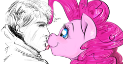 Size: 1587x831 | Tagged: safe, artist:testostepone, pinkie pie, earth pony, human, pony, g4, boop, duo, licking, simple background, tongue out, white background