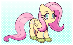 Size: 1509x928 | Tagged: safe, artist:burgeroise, fluttershy, pegasus, pony, g4, clothes, crocs, cute, female, looking at you, mare, no pupils, shoes, shyabetes, solo