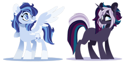 Size: 1600x796 | Tagged: safe, artist:torusthescribe, oc, oc:azure, oc:eventide eclipse, pegasus, pony, unicorn, female, magical lesbian spawn, mare, offspring, parent:tempest shadow, parent:twilight sparkle, parents:tempestlight, simple background, transparent background, two toned wings, wings