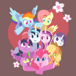 Size: 450x450 | Tagged: safe, artist:drtuo4, edit, applejack, fluttershy, pinkie pie, princess cadance, rainbow dash, rarity, shining armor, spike, twilight sparkle, alicorn, dragon, earth pony, pegasus, pony, unicorn, animated, bbbff, better source needed, brother and sister, brown background, cropped, cute, female, flower, flying, gif, happy, heart, kiss the girl, looking at you, male, mane six, mare, missing accessory, open mouth, shiningcadance, shipping, siblings, simple background, smiling, spread wings, stallion, straight, twilight sparkle (alicorn), video at source, wings