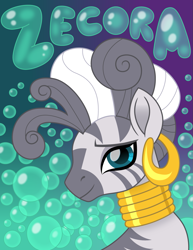 Size: 1159x1500 | Tagged: safe, artist:cloudy glow, zecora, pony, zebra, g4, it isn't the mane thing about you, bubble, bust, ear piercing, female, jewelry, looking at you, mare, movie accurate, necklace, piercing, shampoo, solo