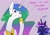 Size: 1920x1358 | Tagged: safe, artist:underpable, princess celestia, princess luna, alicorn, pony, g4, alexa play despacito, blush sticker, blushing, derpface, despacito, dialogue, duo, ethereal mane, female, hoof shoes, jewelry, mare, meme, peytral, regalia, royal sisters, siblings, starry mane, text, writing