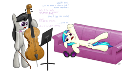 Size: 5000x3000 | Tagged: safe, artist:sheeppony, dj pon-3, octavia melody, vinyl scratch, g4, bow (instrument), cello, couch, dialogue, female, lesbian, musical instrument, ship:scratchtavia, shipping, text