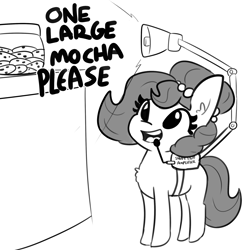 Size: 2250x2250 | Tagged: safe, artist:tjpones, oc, oc only, oc:brownie bun, earth pony, pony, chest fluff, cookie, cookie jar, cute, dialogue, female, food, grayscale, high res, horse tech, jewelry, mare, megaphone, monochrome, necklace, ocbetes, pearl necklace, simple background, smol, solo, white background
