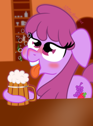 Size: 1400x1907 | Tagged: safe, artist:puperhamster, berry punch, berryshine, earth pony, pony, g4, alcohol, beer, blushing, drunk, drunk bubbles, tongue out