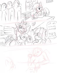Size: 1006x1280 | Tagged: safe, artist:thebigbadwolf01, rainbow dash, oc, human, pegasus, pony, anthro, g4, anthro with ponies, autograph, comic, convention, female, lineart, plushie, poster, sketch, spread wings, wings
