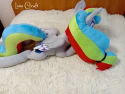 Size: 720x540 | Tagged: safe, artist:limecraft, oc, oc:unya, pegasus, pony, bed, folded wings, irl, lying down, photo, plushie, prone, wings