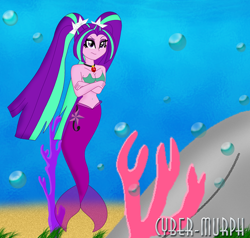 Size: 2272x2160 | Tagged: safe, artist:cyber-murph, aria blaze, mermaid, equestria girls, g4, my little pony equestria girls: rainbow rocks, belly, belly button, belly piercing, bellyring, coral, high res, jewelry, mermaidized, midriff, pendant, piercing, pigtails, seaweed, species swap