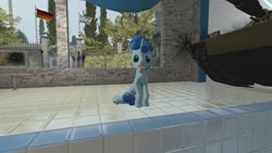 Size: 1280x720 | Tagged: safe, artist:horsesplease, party favor, pony, unicorn, g4, 3d, background pony, behaving like a dog, doggie favor, flag, germany, gmod, male, sitting, smiling, solo, stallion, swimming pool, tank (vehicle), tongue out