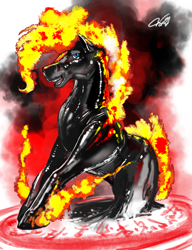 Size: 720x936 | Tagged: safe, artist:croft, oc, oc only, earth pony, pony, earth pony oc, latex, latex suit, mane of fire, signature, solo