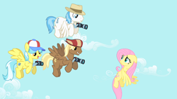 Size: 1280x720 | Tagged: safe, screencap, big shot, eff stop, fluttershy, tracy flash, pegasus, pony, g4, green isn't your color, camera, dollar sign, female, flying, male, mare, stallion