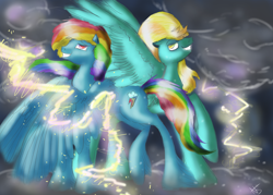 Size: 2100x1500 | Tagged: safe, artist:kot6, lightning dust, rainbow dash, pegasus, pony, g4, badass, duo, female, lightning, mare, smiling, spread wings, storm, wings