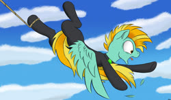 Size: 2400x1410 | Tagged: safe, artist:rapid9, lightning dust, pegasus, pony, g4, the washouts (episode), clothes, cloud, female, mare, rope, sky, solo, spread wings, uniform, washouts uniform, wings