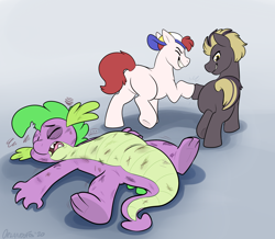 Size: 2000x1743 | Tagged: safe, artist:thedoggygal, spike, oc, oc:rugby chase, oc:sling shot, dragon, earth pony, pony, g4, abuse, beaten up, black eye, blank flank, bully, butt, colt, go to sleep garble, grin, male, plot, shitposting, smiling, spikeabuse, unconscious