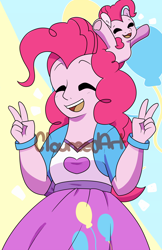 Size: 1650x2550 | Tagged: safe, artist:cloureed, pinkie pie, earth pony, human, pony, equestria girls, g4, double peace sign, eyes closed, human ponidox, open mouth, ponies riding humans, pony hat, riding, self ponidox, self riding, tiny, tiny ponies, underhoof