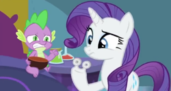 Size: 496x265 | Tagged: safe, rarity, spike, dragon, pony, unicorn, ail-icorn, g4, spoiler:interseason shorts, bowl, gritted teeth, looking at something, nervous, rariskate, winged spike, wings