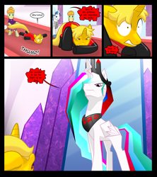 Size: 1600x1800 | Tagged: safe, artist:gatesmccloud, fancypants, princess celestia, oc, oc:dream searcher, alicorn, crystal pony, pony, unicorn, g4, bowing, comic, dialogue, female, latex, latex suit, looking down, mare, peytral, wide eyes