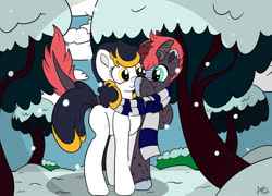 Size: 1280x923 | Tagged: safe, artist:appleneedle, oc, dragon, earth pony, hybrid, kirin, pony, boop, clothes, colored, couple, date, flat colors, love, romantic, scarf, shared clothing, shared scarf, snow, snowfall, tree, walk, winter
