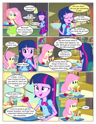 Size: 612x792 | Tagged: safe, artist:greatdinn, artist:newbiespud, edit, edited screencap, screencap, fluttershy, twilight sparkle, comic:friendship is dragons, equestria girls, g4, my little pony equestria girls, apple, bowl, burger, clothes, collaboration, comic, cup, cutie mark, cutie mark on clothes, dialogue, eating, eyes closed, female, food, hamburger, open mouth, salad, screencap comic, smiling, spoon, tray