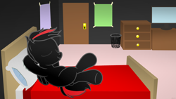 Size: 3840x2160 | Tagged: safe, artist:agkandphotomaker2000, oc, oc only, oc:arnold the pony, pegasus, pony, bed, bedroom, door, drawer, high res, poster, red and black mane, red and black oc, solo, television, trash can