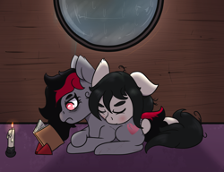 Size: 1300x1000 | Tagged: safe, artist:lazerblues, oc, oc:floor bored, oc:miss eri, earth pony, pony, black and red mane, blushing, book, butt grab, butt touch, grope, rain, scar, two toned mane