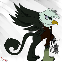 Size: 789x789 | Tagged: safe, oc, oc only, oc:calamity atom, griffon, amputee, male, mechanical claw, prosthetic leg, prosthetic limb, prosthetics, solo