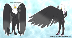 Size: 905x473 | Tagged: safe, artist:spaciitea, oc, oc:calamity atom, griffon, anthro, amputee, anthro oc, featureless crotch, large wings, male, mechanical claw, prosthetic limb, prosthetics, wings