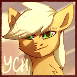 Size: 2000x2000 | Tagged: safe, artist:sinrinf, applejack, earth pony, pony, g4, avatar, bust, chest fluff, commission, eye clipping through hair, female, high res, mare, portrait, solo, your character here
