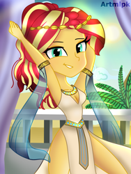 Size: 1800x2400 | Tagged: safe, artist:artmlpk, sunset shimmer, human, equestria girls, g4, alternate hairstyle, armlet, armpits, belly dancer outfit, cleopatra, clothes, costume, crown, cute, design, egypt, egyptian, female, harem outfit, jewelry, looking at you, necklace, outfit, ponytail, pyramid, regalia, shimmerbetes, smiling, smiling at you, smirk, smug, solo