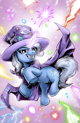 Size: 3300x5100 | Tagged: safe, artist:yoshiunity, trixie, pony, unicorn, g4, abstract background, absurd resolution, cape, clothes, commission, evil grin, female, grin, hat, magic, mare, smiling, solo, trixie's cape, trixie's hat