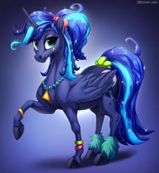 Size: 1022x1110 | Tagged: safe, artist:hattiezazu, princess luna, alicorn, pony, between dark and dawn, g4, 80s princess luna, alternate hairstyle, bracelet, female, hoers, jewelry, mare, muscles, necklace, realistic horse legs, smiling, solo