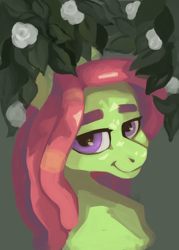 Size: 1750x2450 | Tagged: safe, artist:slimeprnicess, tree hugger, earth pony, pony, g4, 4chan, bust, drawthread, female, flower, painting, plant, portrait, solo