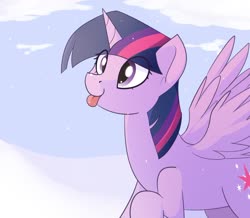 Size: 1280x1117 | Tagged: safe, artist:pillowsword, twilight sparkle, alicorn, pony, g4, :p, cloud, cute, eye clipping through hair, female, mare, snow, snowfall, snowflake, solo, spread wings, tongue out, twiabetes, twilight sparkle (alicorn), wings, winter