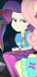 Size: 449x922 | Tagged: safe, screencap, fluttershy, rainbow dash, rarity, equestria girls, equestria girls series, g4, sunset's backstage pass!, spoiler:eqg series (season 2), clothes, coat, cropped, cute, dress, female, food, forest background, fur, fur coat, geode of shielding, jewelry, leggings, lidded eyes, magical geodes, marshmallow, night, outdoors, ponytail, raribetes, sitting, stick, tree stump, wristband