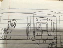 Size: 3264x2448 | Tagged: safe, artist:topsangtheman, cloud kicker, earth pony, human, pony, g4, drawing, high res, lined paper, monochrome, notebook, traditional art, train, train station