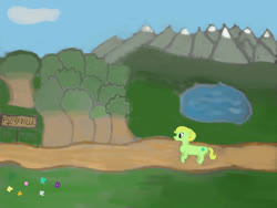 Size: 1408x1056 | Tagged: safe, artist:hypnodreamsearcher, oc, oc only, earth pony, pony, earth pony oc, female, lake, mare, mountain, sign, solo, tree