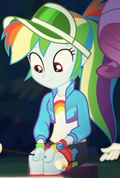 Size: 404x597 | Tagged: safe, screencap, rainbow dash, rarity, equestria girls, equestria girls series, g4, sunset's backstage pass!, spoiler:eqg series (season 2), cap, clothes, cropped, cute, dashabetes, female, food, forest background, geode of super speed, hat, jacket, looking down, magical geodes, marshmallow, night, outdoors, ponytail, rainbow, shirt, shorts, smiling, socks, stick, t-shirt, wristband