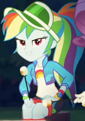 Size: 414x590 | Tagged: safe, screencap, rainbow dash, rarity, equestria girls, equestria girls series, g4, my little pony equestria girls: sunset's backstage pass, cap, clothes, cropped, cute, dashabetes, female, food, forest background, geode of super speed, hat, jacket, lidded eyes, looking at you, magical geodes, marshmallow, night, outdoors, rainbow, shirt, shorts, smiling, socks, stick, t-shirt, wristband