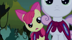 Size: 1280x720 | Tagged: safe, screencap, apple bloom, sweetie belle, earth pony, pony, unicorn, g4, stare master, animated, cape, clothes, cmc cape, female, filly, out of context, sound, webm