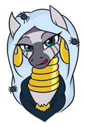 Size: 500x740 | Tagged: safe, artist:jargon scott, zecora, pony, spider, zebra, g4, bust, clothes, costume, ear piercing, earring, female, jewelry, long hair, looking at you, necklace, nightmare night, nightmare night costume, piercing, simple background, solo, white background