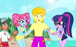 Size: 1280x792 | Tagged: safe, artist:dieart77, kiwi lollipop, sci-twi, timber spruce, twilight sparkle, oc, oc:heat blitz, equestria girls, g4, my little pony equestria girls: better together, abs, arm grab, baseball cap, beach, belly button, bikini, blonde hair, blushing, canon x oc, cap, clothes, commission, female, glasses, green eyes, green hair, hair, hat, heart, heatwi, jealous, k-lo, legs, lifeguard timber, male, muscles, partial nudity, patreon, patreon commission, patreon logo, pink hair, ponytail, sci-twi swimsuit, shipping, straight, swimming trunks, swimsuit, timbertwi, topless, water, yellow hair