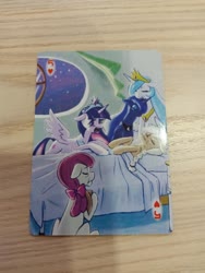 Size: 1200x1600 | Tagged: safe, artist:ringo, apple bloom, applejack, princess celestia, princess luna, twilight sparkle, alicorn, earth pony, pony, g4, bed, bootleg, deathbed, dying, female, immortality blues, mare, playing card, stolen art, twilight sparkle (alicorn), twilight will outlive her friends