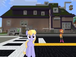Size: 2048x1536 | Tagged: safe, artist:bluemeganium, edit, editor:topsangtheman, cloud kicker, sunset shimmer, pegasus, pony, equestria girls, g4, looking at you, mansion, minecraft, truck