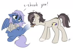 Size: 1280x864 | Tagged: safe, artist:fakskis, oc, oc only, oc:polka dot, oc:vesperal breeze, earth pony, pegasus, pony, bandage, crying, drawing, drawn into existence, female, freckles, mare, messy mane, pencil, simple background, sitting, tears of joy, white background