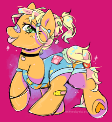 Size: 1201x1309 | Tagged: safe, artist:skyeskyekitty, applejack, earth pony, pony, g4, 80s, bandaid, bandaid on nose, braid, cheap, choker, commission, female, hairclip, mare, pink background, simple background