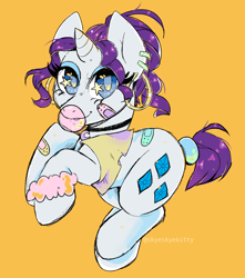 Size: 1328x1500 | Tagged: safe, artist:skyeskyekitty, rarity, pony, unicorn, g4, 80s, bandaid, cheap, choker, commission, ear piercing, earring, female, food, gum, hairband, jewelry, mare, piercing, simple background, yellow background