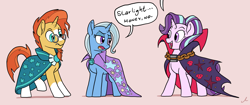 Size: 7600x3184 | Tagged: safe, artist:docwario, edit, starlight glimmer, sunburst, trixie, earth pony, pony, unicorn, g4, cape, chains, chat bubble, clothes, cropped, dialogue, female, glasses, horn, male, mare, obliviously evil, open mouth, raised hoof, raised leg, robe, simple background, smiling, speech bubble, stallion, sunburst's cloak, sunburst's glasses, trixie's cape, wrong eye color