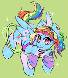 Size: 1127x1278 | Tagged: safe, artist:skyeskyekitty, rainbow dash, pegasus, pony, g4, 80s, bandaid, blue, cheap, choker, commission, ear piercing, earring, female, green background, hairclip, headphones, jewelry, leg warmers, looking at you, loop-de-hoop, mare, piercing, ponytail, rainbow dash always dresses in style, simple background, solo, sweatband