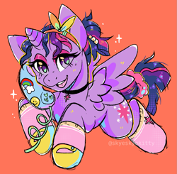 Size: 1185x1161 | Tagged: safe, artist:skyeskyekitty, twilight sparkle, alicorn, pony, g4, 80s, cheap, choker, clothes, commission, corded phone, eyeshadow, female, headband, makeup, mare, orange background, phone, ponytail, purple, scrunchie, shoes, short hair, simple background, socks, solo, sparkles, thigh highs, twi, twilight sparkle (alicorn)